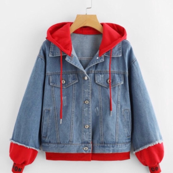 Trim Hoodie Denim Jacket In Red 